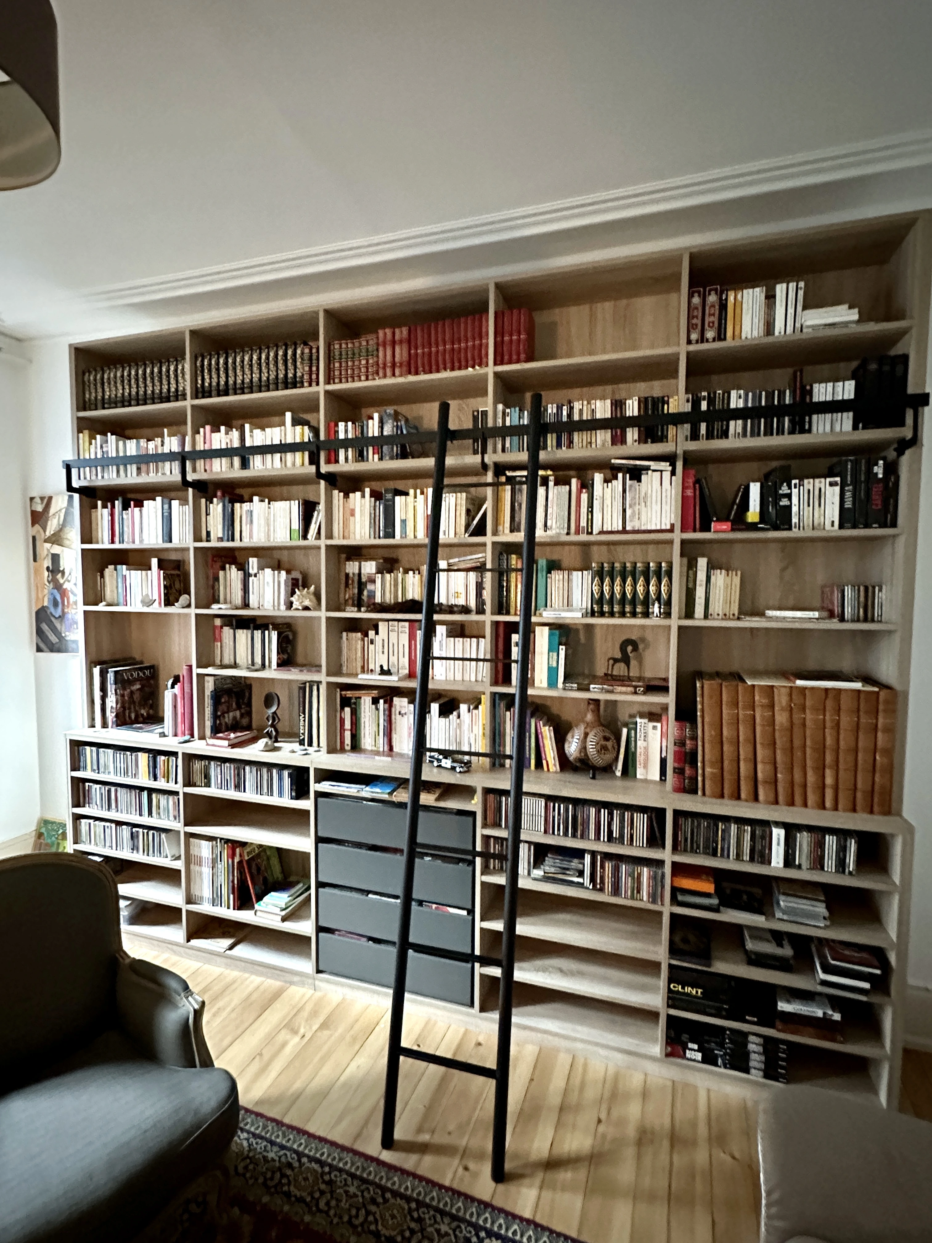 Réalisation d’une bibliothèque avec échelle sur mesure pour un appartement haussmannien à Mulhouse (Haut-Rhin, 68)