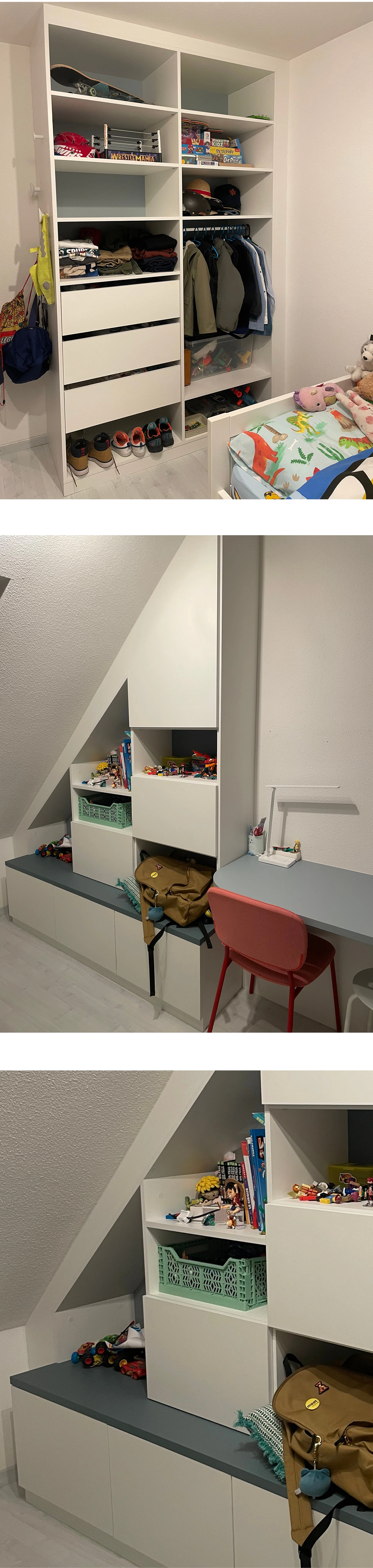 Aménagement d’une chambre d’enfant sur mesure à Hésingue (Haut-Rhin, 68) : Dressing, bureau et bibliothèque sous pente