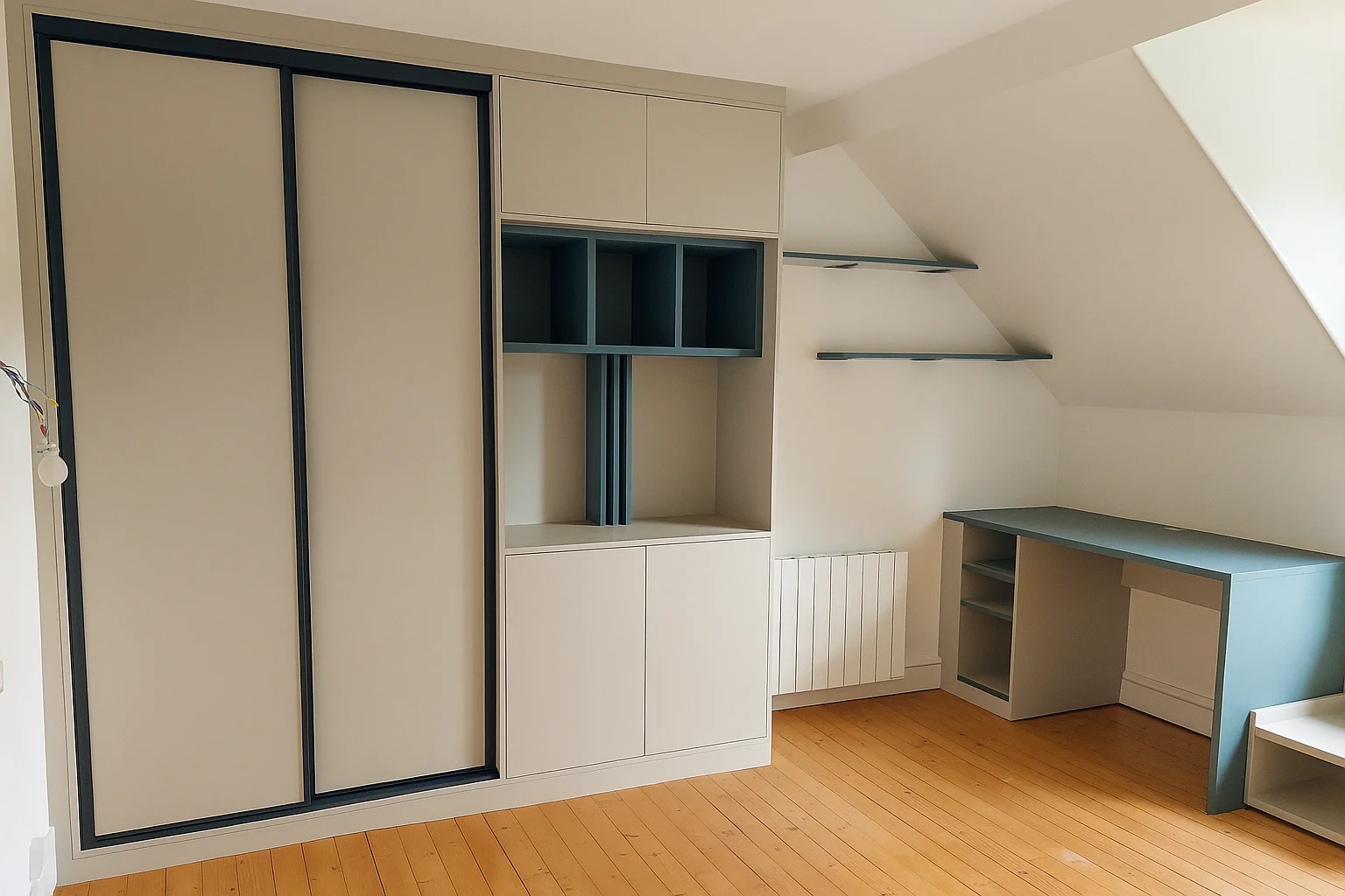 Aménagement sur mesure d’une chambre sous pente en Seine-et-Marne avec un espace dressing et un espace bureau sur-mesure.