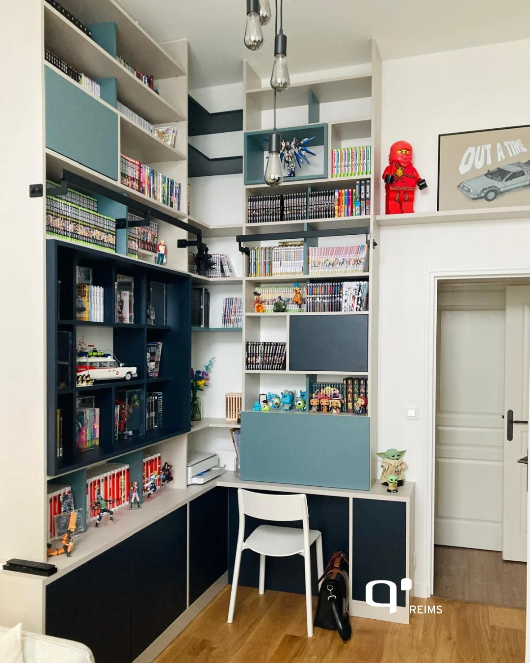 [Réalisation Quadro Reims Tinqueux] Bibliothèque et rangements sur mesure à Reims : un mur pensé comme une solution de vie